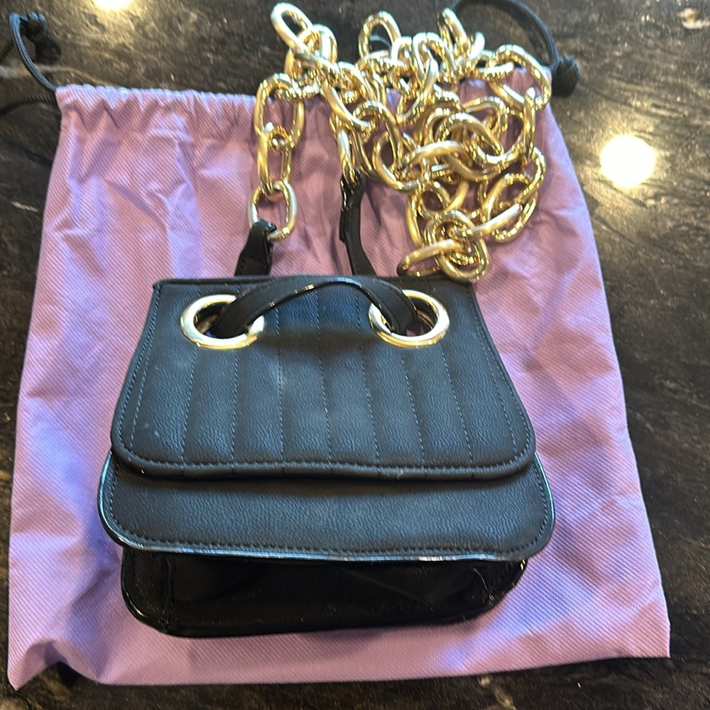 HOUSE OF WANT Vegan Suede Quilted Leather Fold over Bag w Gold Chain Strap